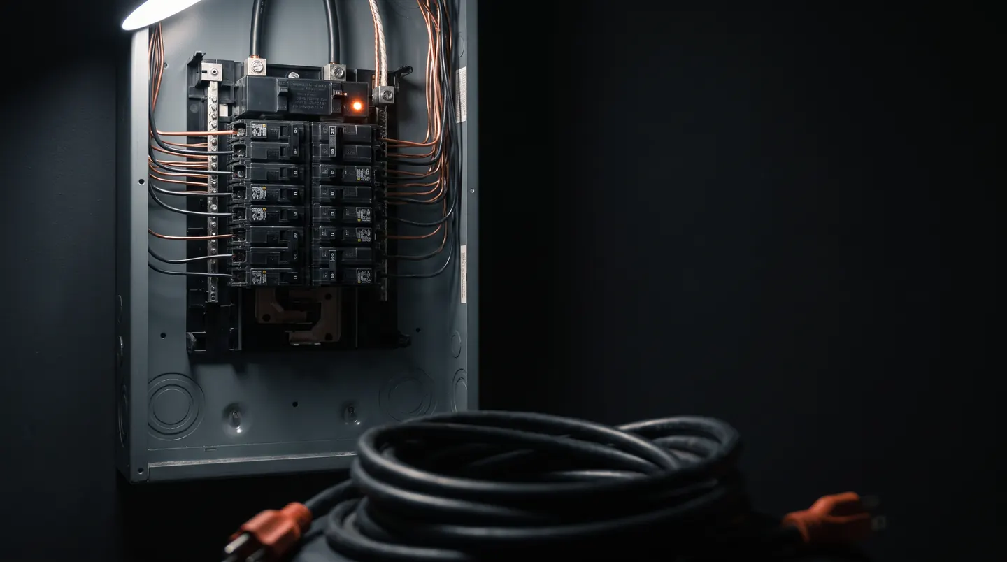Open residential breaker panel with a coiled extension cord