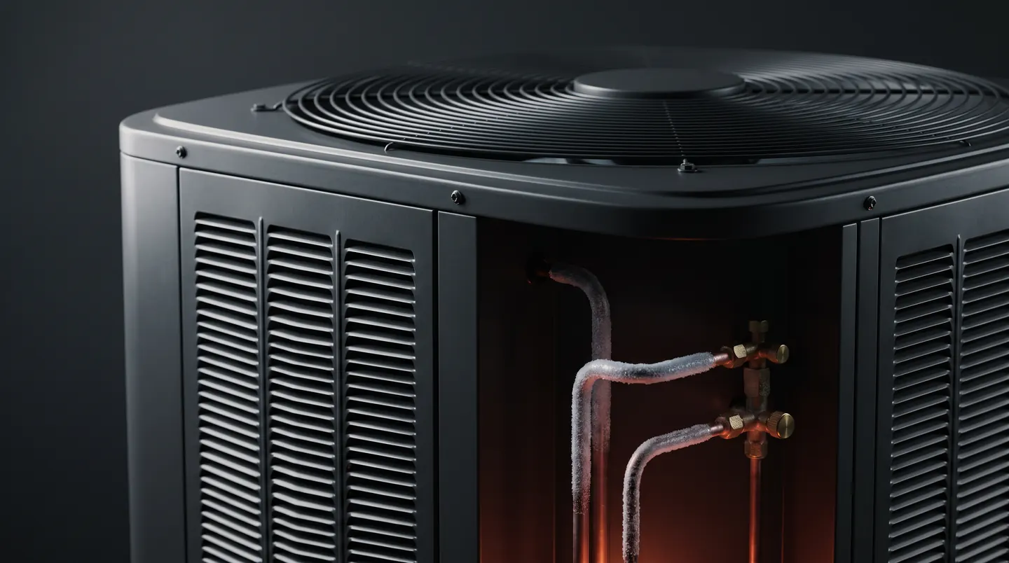 Close-up of an AC condenser with frosted copper line set