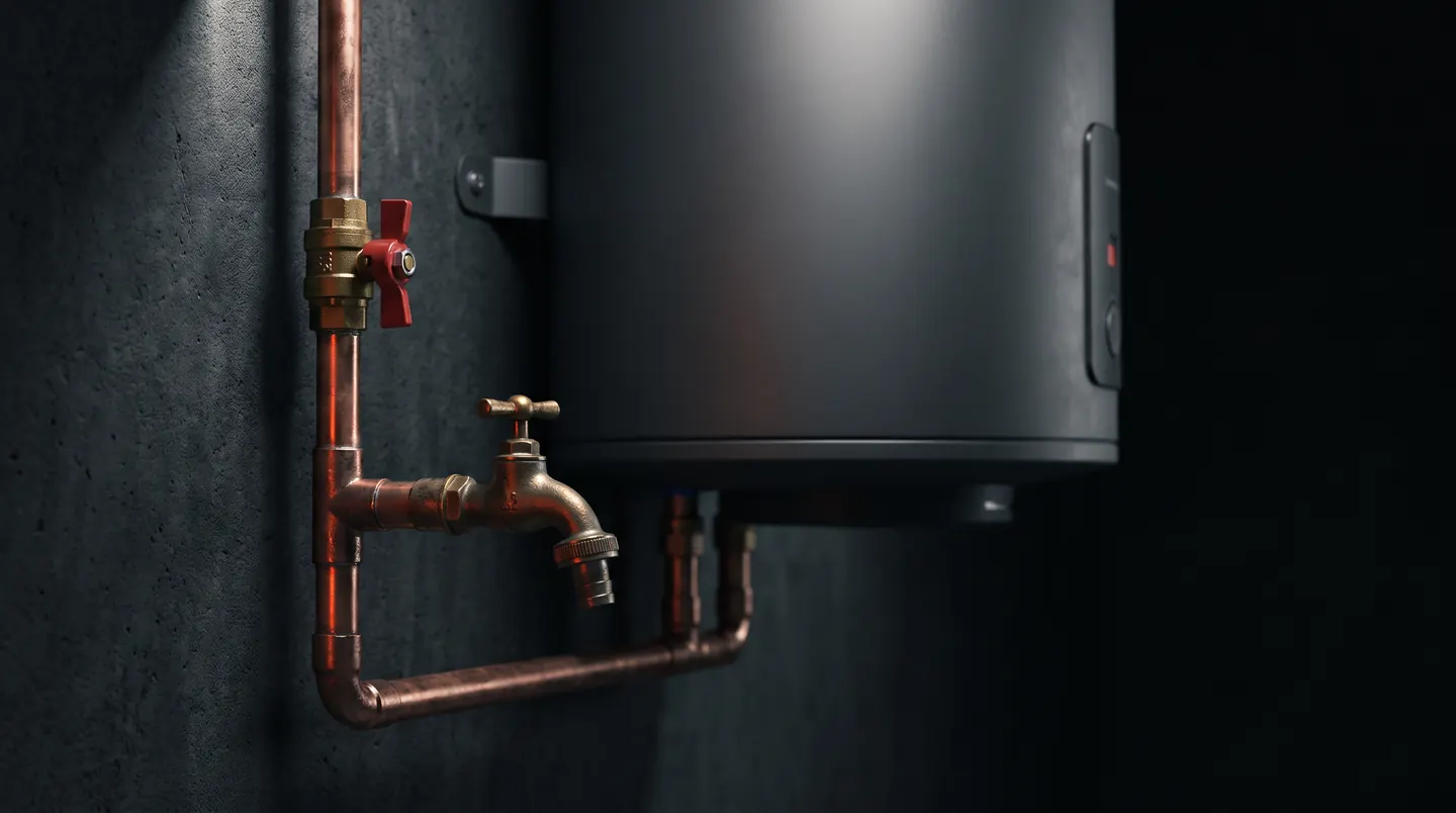 Copper pipes and a hose bibb beside a water heater in low light