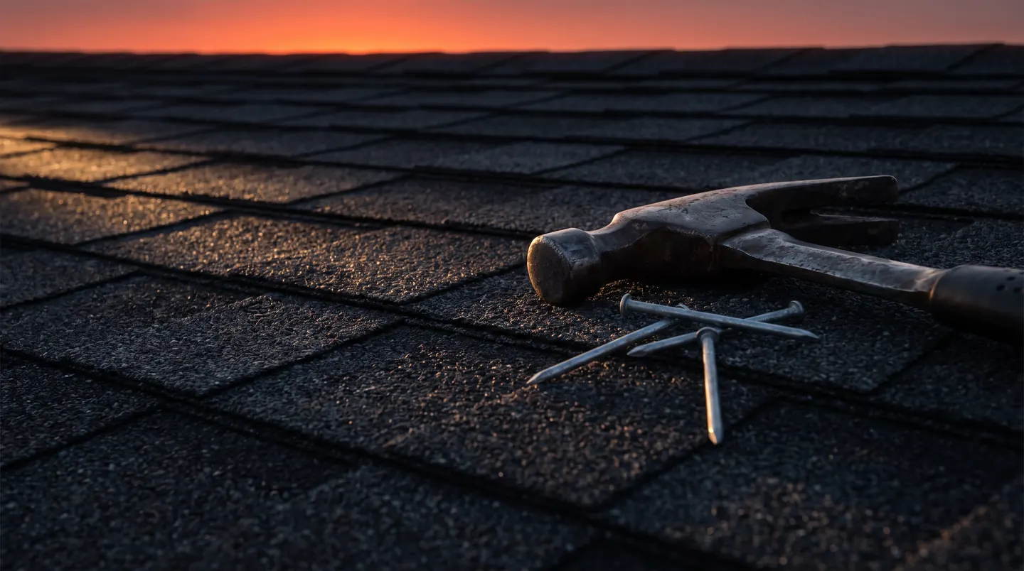 Hammer and roofing nails on asphalt shingles at dusk